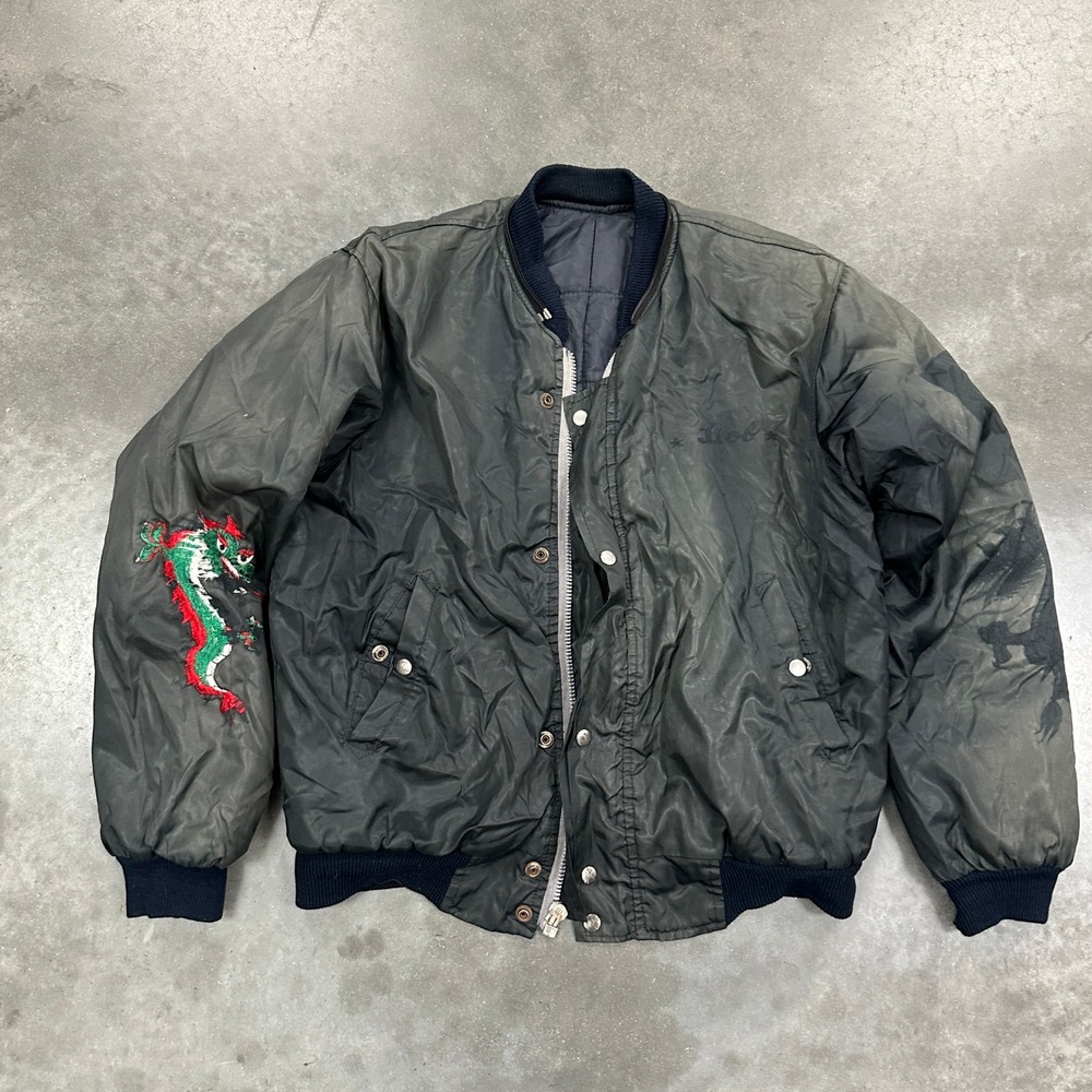Vtg Japan 1950s Souvenir Sukajan Bomber Jacket Black Dragon  Distressed
